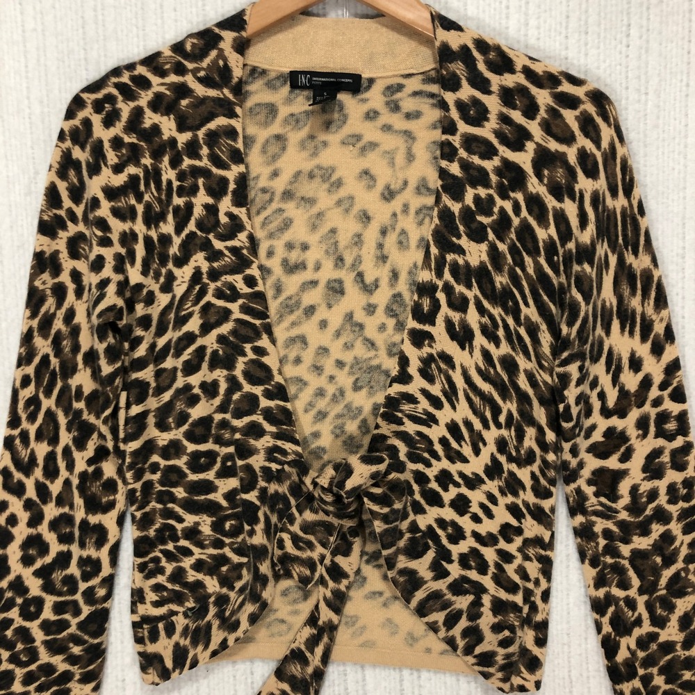 INC International Concepts Leopard‎ Print Tie Front Cardigan Sweater Size S